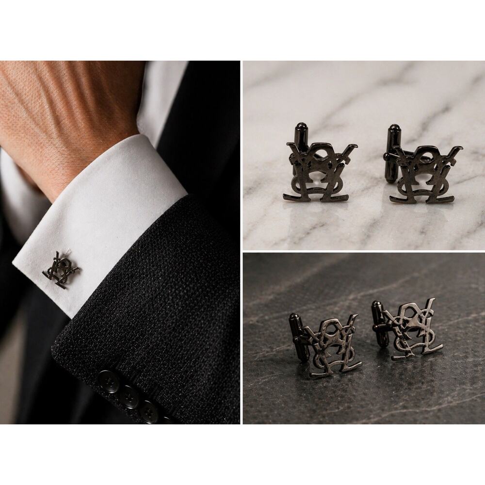 Yves Saint Laurent YSL Monogram Gunmetal Cufflinks Logo Designer Quiet Luxury
